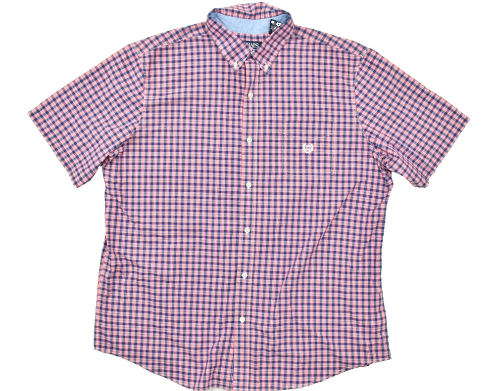 Chaps Mens XXL Pink Navy Blue Plaid Gingham Short Sleeve Button Down Shirt Easy